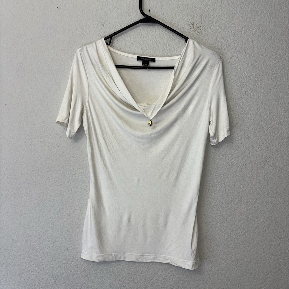 St John Collection Cowl Drape Jersey Knit Cream Top Shirt Women's Size P XS